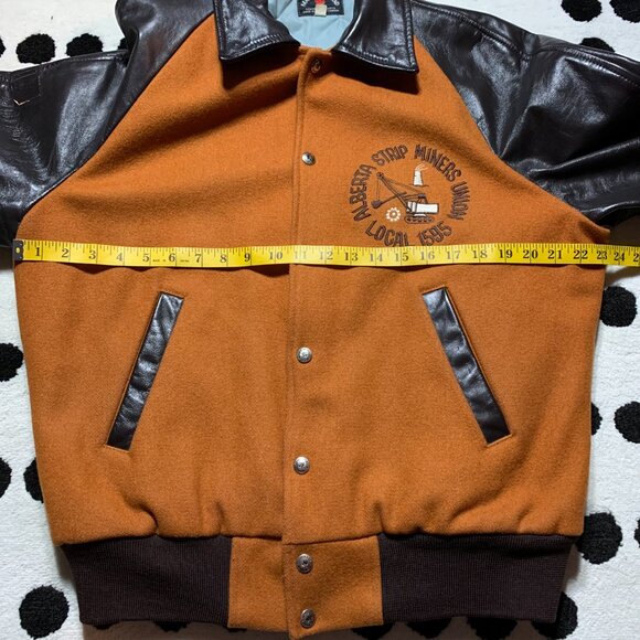 Vintage Varsity Bomber Jacket 44 Brown Wool Leather Quilt Lined Miners Union - Picture 11 of 13